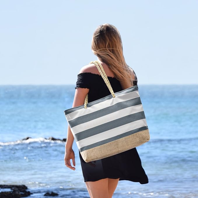 Becokan Beach Bags for Women Large Canvas Beach Tote Bag Beach Bags Waterproof Sandproof Swim Pool Bag Travel Essentials