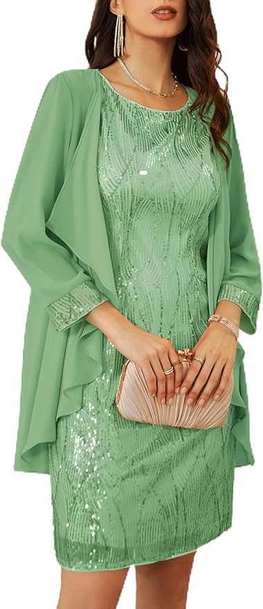 GRACE KARIN Women's Sequin Dress - Wedding Guest & Mother of The Bride Formal Dress - Two Piece Knee Length