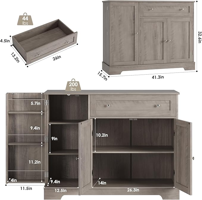 HOSTACK Buffet Cabinet with Storage, Modern Sideboard Buffet with Doors, Wood Coffee Bar Kitchen Storage Cabinet with Drawer and Adjustable Shelf for Kitchen, Dining Room, Living Room, Ash Grey