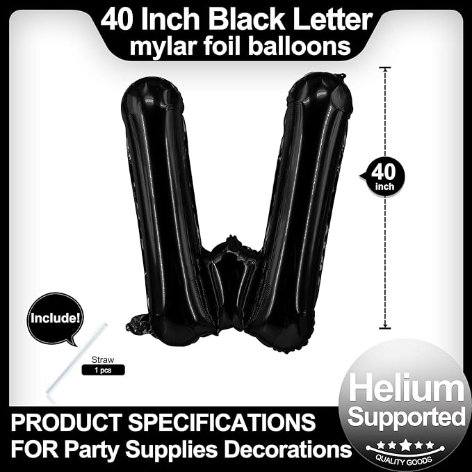 40 Inch Black Letter W Balloons, DIY Phrase Foil Alphabet Letter W Balloons DIY Word W Banner for Birthday Anniversary Celebration Graduation Party Supplies Decoration