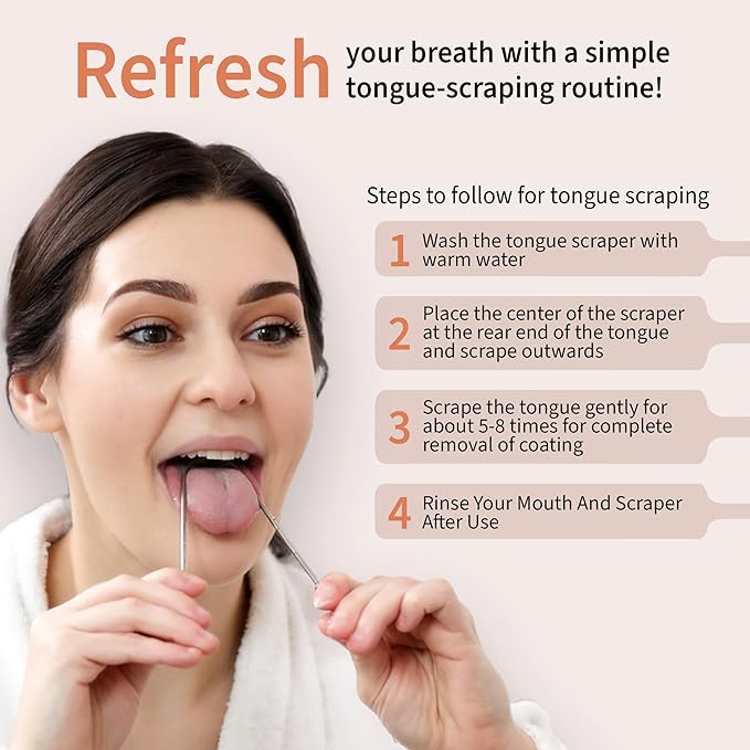 MasterMedi Tongue Scraper for Adults, 100% Stainless Steel Tongue Scrubber for Bad Breath, Easy to Use, Tongue Cleaner for Oral Care & Hygiene (SS Pack of 3)