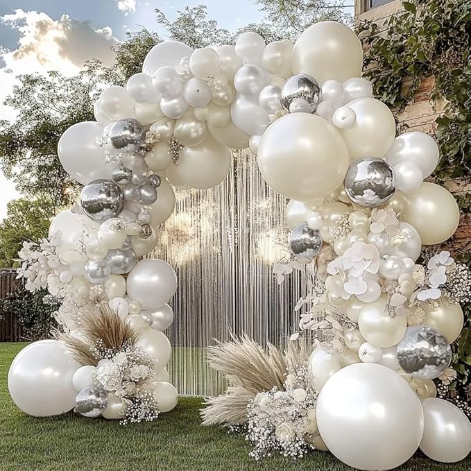 White and Silver Balloon Garland - Double Stuffed Pearl Sand White Silver Balloons Arch Kit 5 12 18 inch for Birthday Graduation Bar Mitzvah Bachelorette Wedding Baby Shower Party Decoration