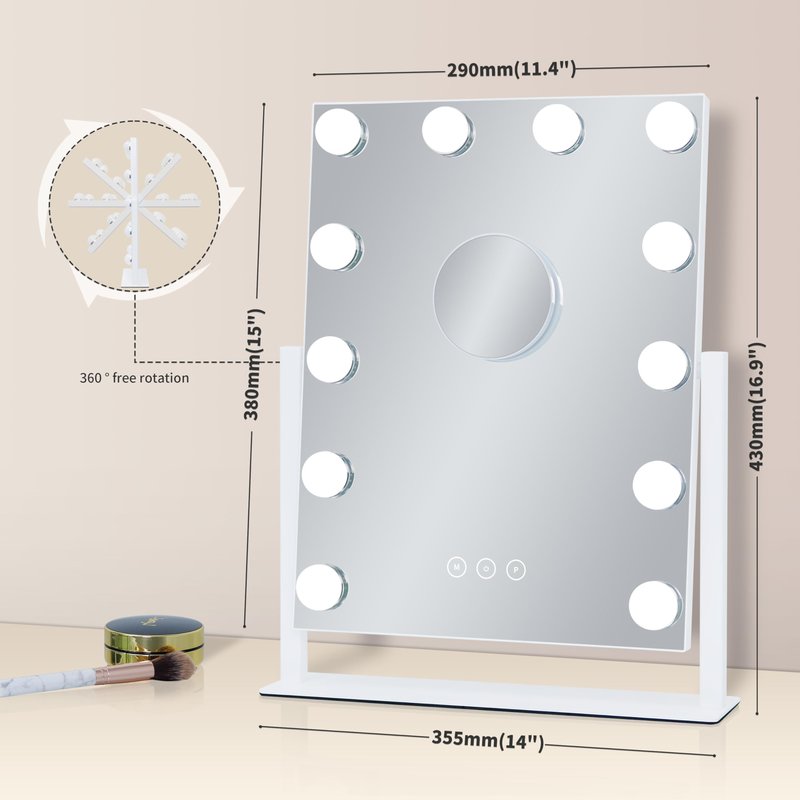 Kotdning Vanity Mirror with Lights,Lighted Vanity Mirror with 12 Dimmable Bulbs for Dressing Room & Bedroom,3 Color Lighting,Modes Detachable 10x Magnification 360°Ratation (White) 14.6" L x 17" W