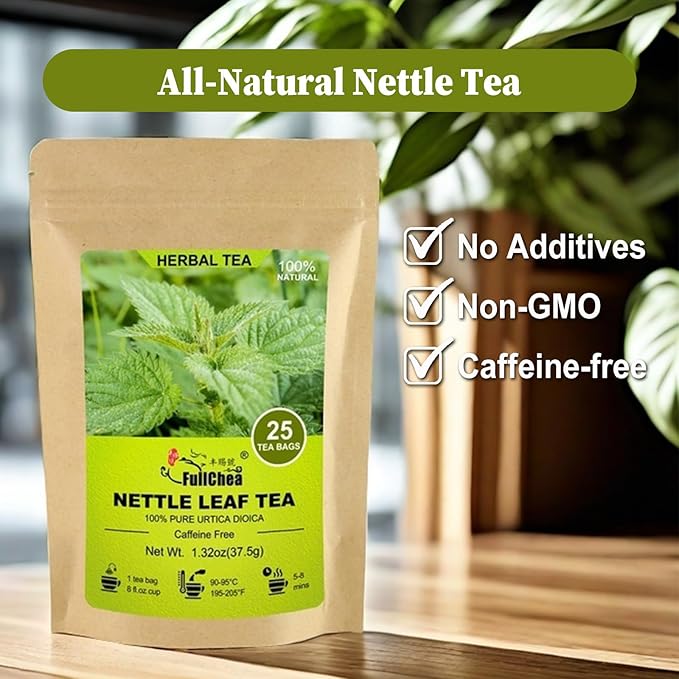 FullChea - Nettle Leaf Tea Bags, 25 Teabags, 1.5g/bag - Naturally Stinging Nettle Tea - Support Eye Health & Strengthen Bones
