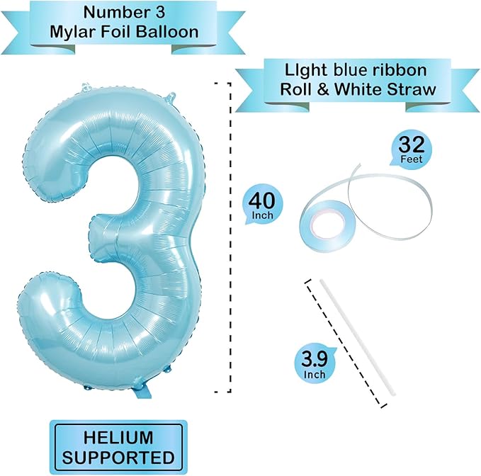 40 Inch Light Blue Number 3 Balloons - Helium Mylar Foil Number Balloons for Birthdays, Boy Baby Shower & Wedding Decorations