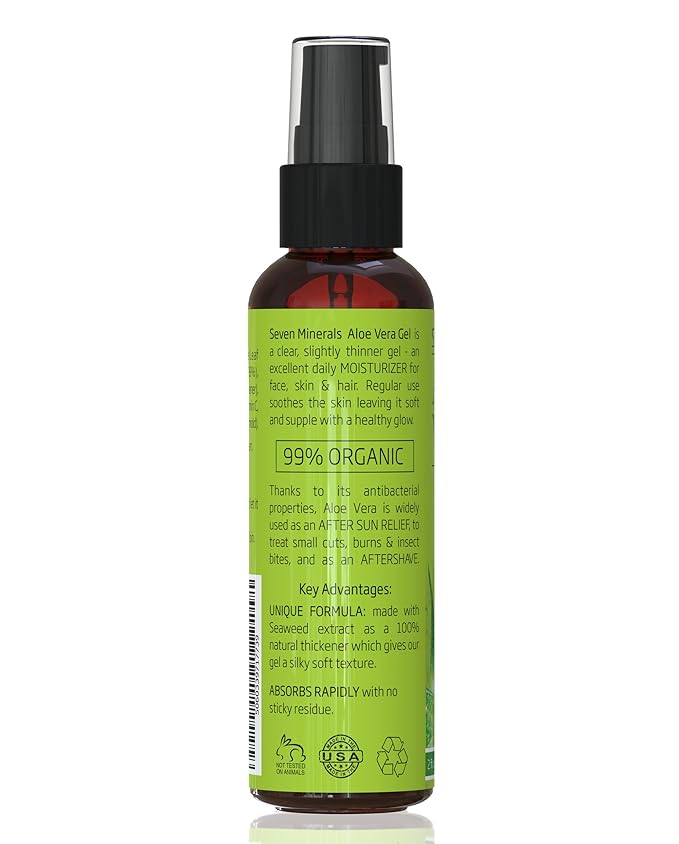 Seven Minerals, Travel Size Organic Aloe Vera Gel from freshly cut 100% Pure Aloe - 2 Fl Oz - HighestQuality, Texas grown, Vegan, Unscented - For Face, Skin, Hair, Sunburn relief (2 Fl Oz)