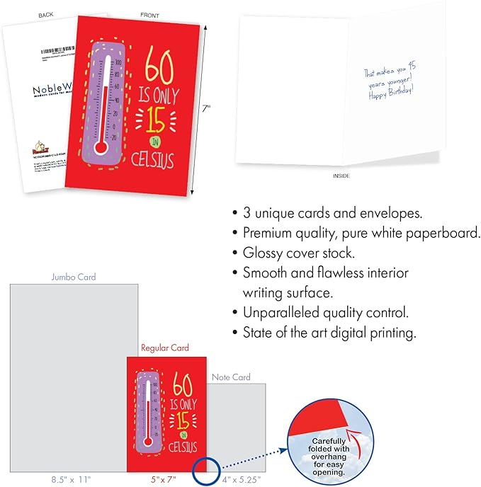 NobleWorks Assortment Pack of 3 Hilarious 607080th Milestone Birthday Greeting Cards with Envelopes For Men and Women (3 Designs, 1 Each) Celsius Major Milestones VC10230MBG-C1x3