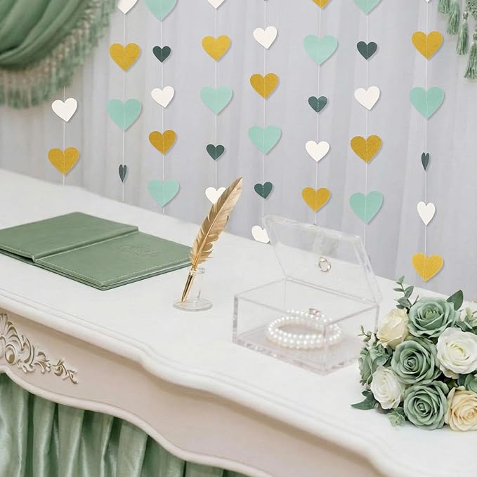 10 Pack 130ft Sage-Green Mint Beige-Gold Heart Party Garland Asymmetrical Love Hanging Banners for Birthday Wedding Decoration Bridal Shower Engagement Party