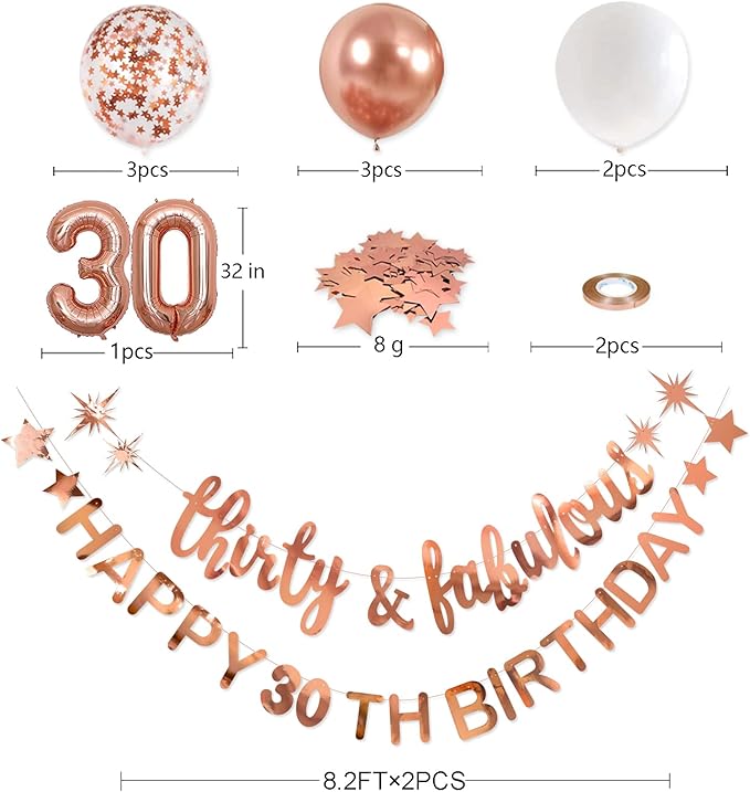 Rose Gold Thirty & Fabulous Happy 30th Birthday Banner Garland Foil Balloon 30 for Womens 30th Birthday Decorations Hanging 30 and Fabulous Cheers to 30 Years Old Dirty Thirty Party Supplies Backdrop
