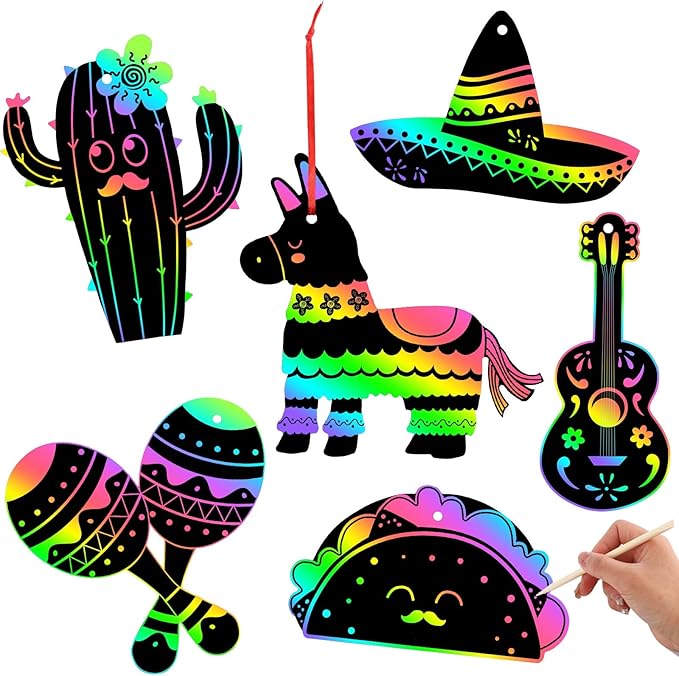 JULMELON 36 PCS Mexican Crafts for Kids, Rainbow Scratch Art for Kids Mexican Fiesta Gifts DIY Magic Color Fiesta Scratch Cards for Mexican Fiesta Party Favors Cinco De Mayo Party Decorations