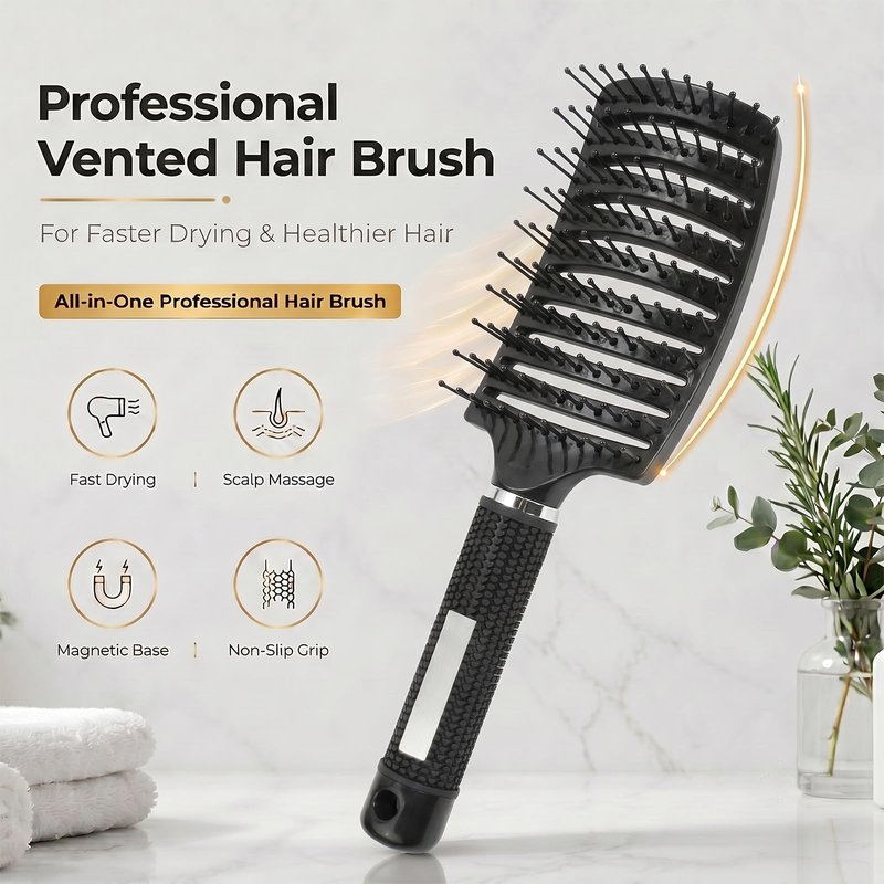 FIXBODY Detangling Vented Curved Hair Brush for Women Men Kids Wet Dry Use (Black-Nylon)