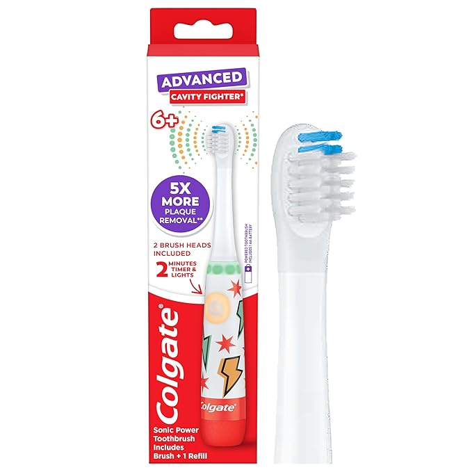 Colgate Advanced Cavity Fighter Kids Battery Toothbrush, Includes AA Battery and Extra Toothbrush Head, Features Built-in Timer and 2 Brushing Modes, for Children Ages 6 and Up