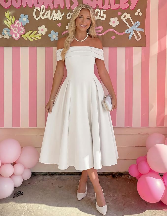 ZESICA Summer 2026 Cocktail Dresses for Women's Off Shoulder Short Sleeve Swing A Line Wedding Evening Party Midi Dress