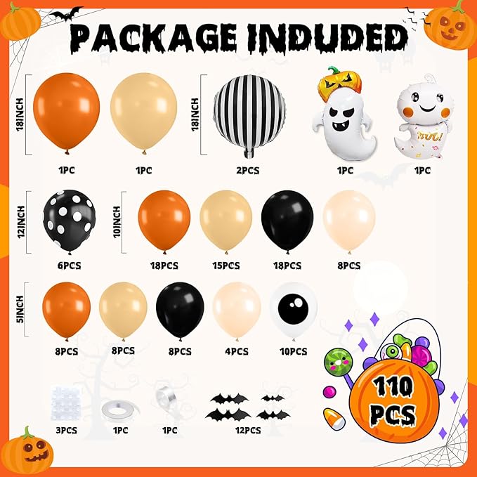 Orange Halloween Balloon Arch Garland, Orange Sand White Party Balloons with Ghost 18-In Strip Foil Balloon Eyeball Balloons Apricot Black Dot Latex Balloon Bat Sticker for Halloween Party Supplies