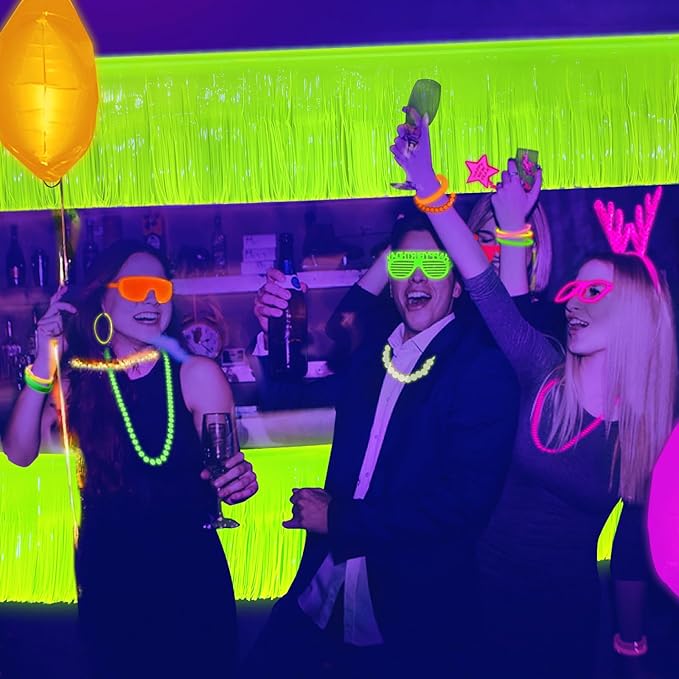 Mega-L Glow in The Dark Party Supplies, 4 Pack Foil Fringe Garland Birthday Party Decorations 9.8 ft Fluorescent Macaron Yellow Metallic Tinsel Streamers Banner, Glitter Photo Booth Prop Table Skirt