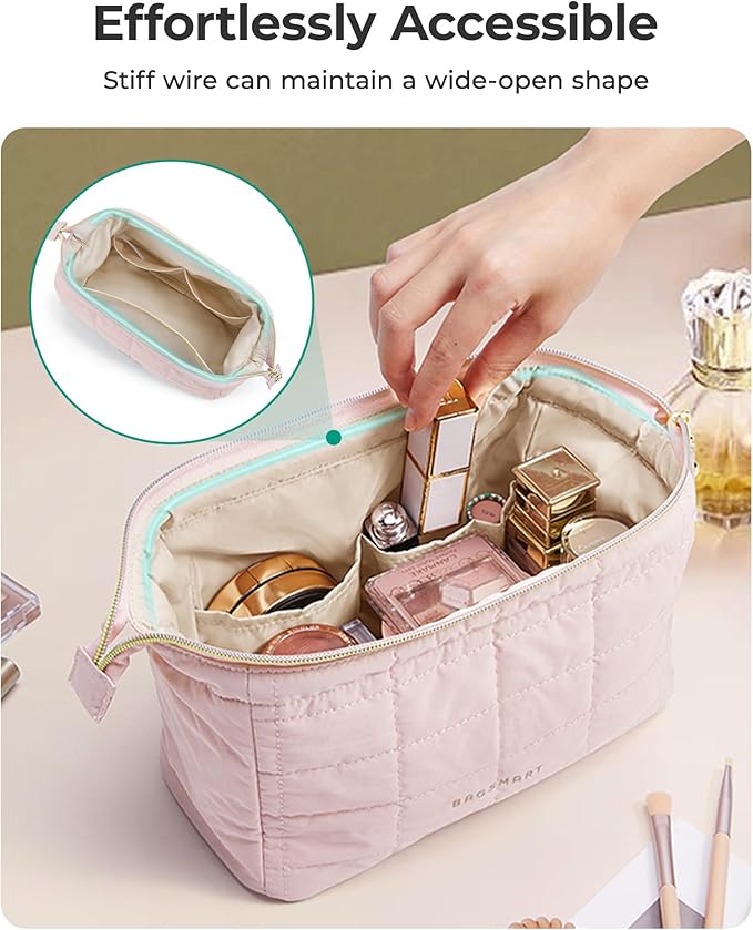 BAGSMART Makeup Bag Travel Toiletry Bag, Puffy Padded Make Up Bags for Women Makeup Organizer Case, Wide-open Pouch Purse Travel Essentials Toiletries Accessories Brushes, Lavender Purple