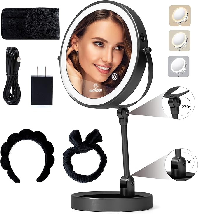 Smart 9" LED Light Makeup Mirror, Rechargeable, 1X/10X Magnifying Vanity Mirror with 3 Color Lights, Height Adjustable, Large Tall 360° Swivel Double Sided Standing Travel Mirror (Black)