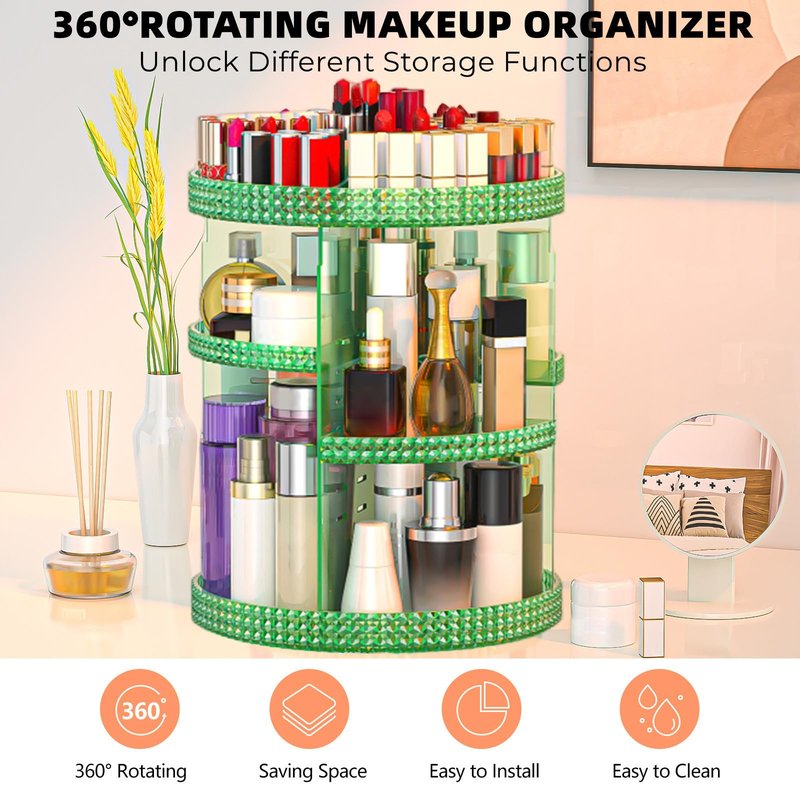 HEMTROY 360 Degree Rotating Makeup Organizer, Extra Large Capacity Organizador De Maquillaje, Removable DIY 7 Layers Cosmetics Organizer, Acrylic Perfume Organizer for Vanity Countertop (Green)