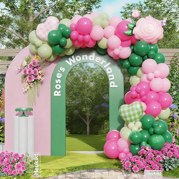 Pink and Green Balloon Garland Arch Kit, 149pcs Pastel Pink Green Latex Balloons with Rose Flower Foil Balloon for Fairy Wonderland Spring Garden Girls Birthday Summer Safari Party Decorations