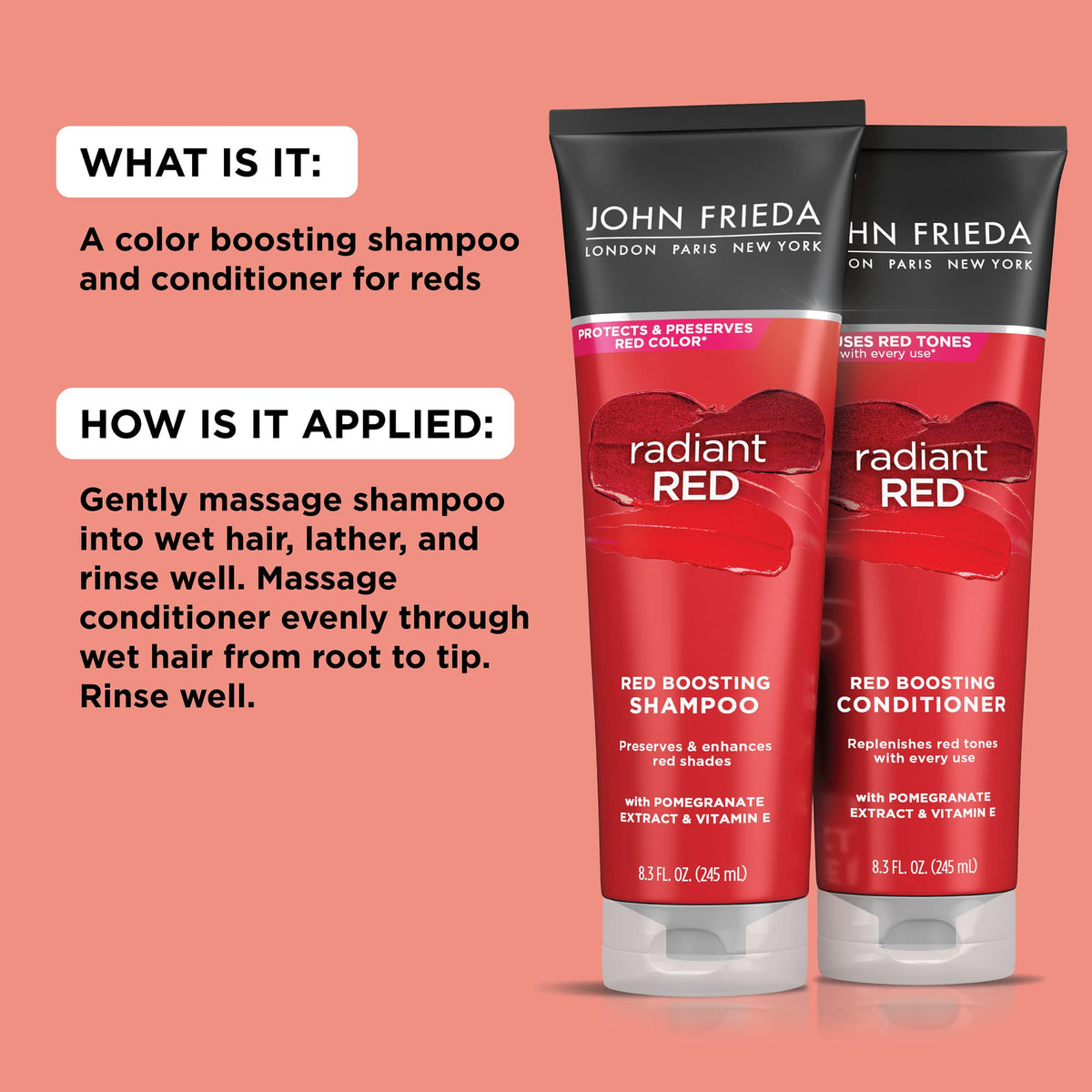 John Frieda Radiant Red Shampoo & Conditioner Bundle, Enhancing Shampoo & Conditioner, Helps Enhance Shades, with Pomegranate and Vitamin E