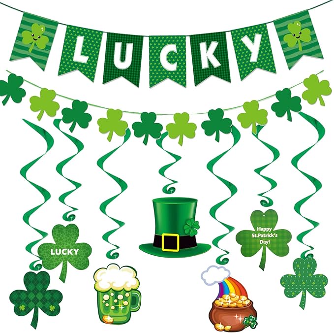 St. Patrick's Day Decorations Set for Party, Lucky Banner Shamrock Banner Garlands Hanging Swirls Clover Decor for Home St Patricks Day Party Supplies