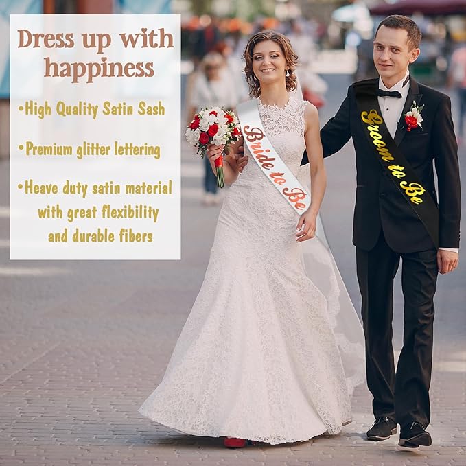 2 Pcs Bride to Be and Groom to Be Sash, Black & White Bachelorette & Bachelor Sashes for Bridal Shower Wedding Hen Party Decorations Lucky Mr & Future Mrs Engagement Gifts (Gold, Rose Gold Foil)