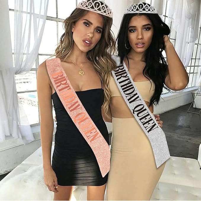 Birthday Sash, Birthday Crown, Birthday Cake Topper, Birthday Pin Button. Queen Sash and Birthday Tiara for women and Grils Birthday Decorations for Women MS4U (Silver)