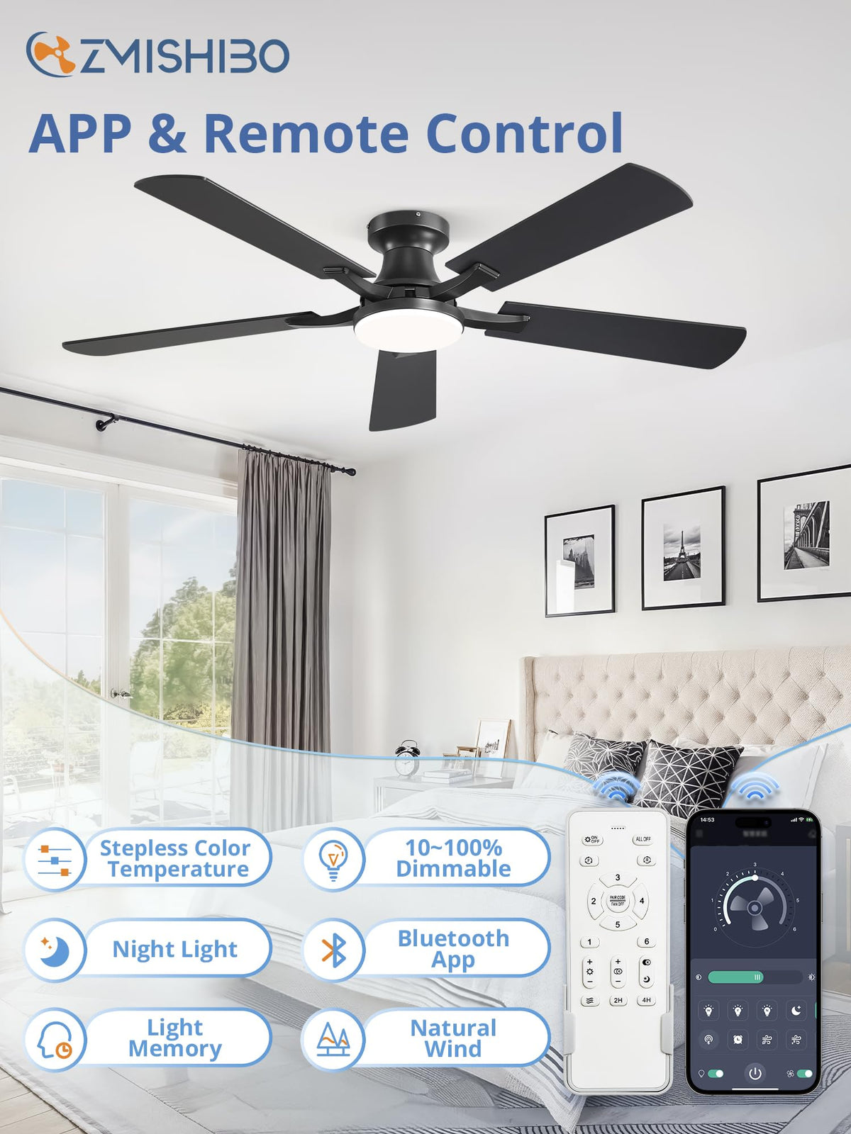 ZMISHIBO 52 Inch Ceiling Fan with Light, App&Remote Control, Flush Mount Low Profile, Dimmable 20W LED Light, Quiet Reversible Motor for Bedroom, Living Room, Apartment, Black