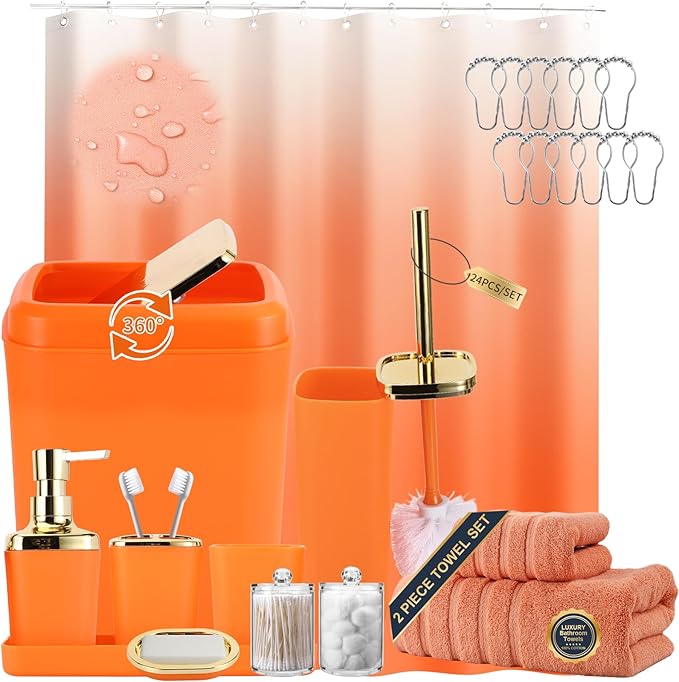 Orange Bathroom Accessories, 24 Pieces Orange and Gold Bathroom Accessories Set with Shower Curtain, Bath Towels, Trash Can, Soap Dispenser and Soap Dish for Bathroom/Housewarming