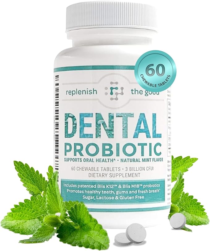 Dental Oral Probiotic, 60 Chewable Tablets - Supplements w/BLIS K12 & M18 - Bad Breath Treatment for Adults - Boosts Oral Health - Fights Halitosis, Tooth Decay, Strep Throat (Mint Flavor)