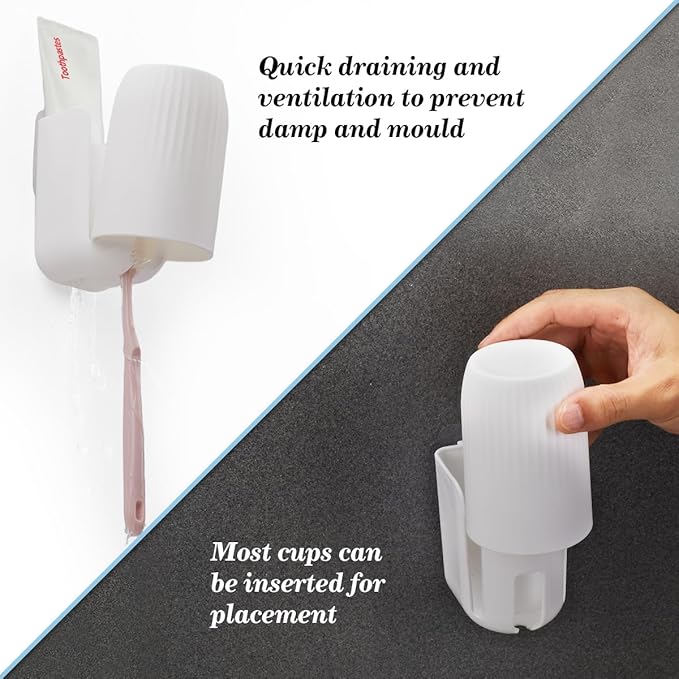 Toothbrush Holders for Bathrooms Toothbrush Holders Wall Mounted BPA-Free Tooth Brush Holder with Toothbrush Cup Drilling-Free (White)
