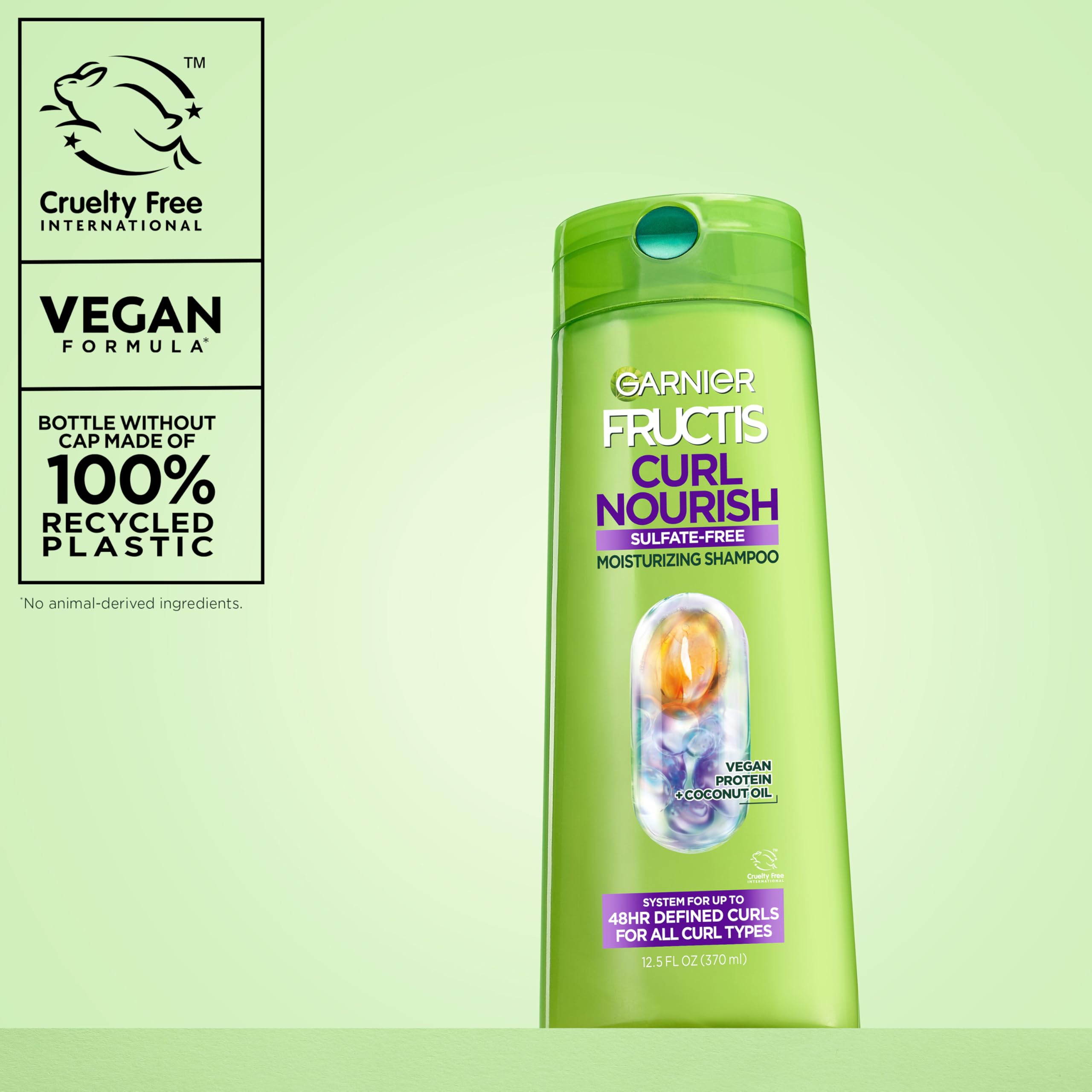 Garnier Fructis Curl Nourish Moisturizing Shampoo for Curly Hair, Plant Protein and Coconut Oil Formula, Up to 48HR of Curl Definition, Sulfate Free & Vegan, 22 Fl Oz (Packaging May Vary)