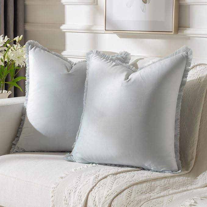 FUTEI Light Blue Velvet Decorative Throw Pillow Covers 22x22 Set of 2,Soft Cozy Edge with Tassels Cushion Case,Boho Modern Home Decor for Couch Bed Living Room