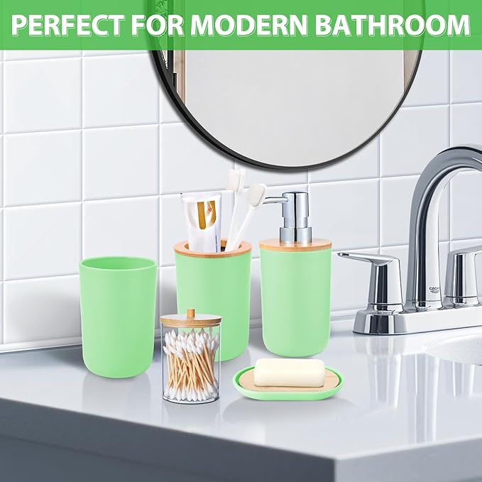 iMucci Bathroom Accessories Set 5Piece Green Bathroom Sets, Toothbrush Holder, Toothbrush Cup, Soap Dispenser, Soap Dish and Qtip Holder Bathroom Decor