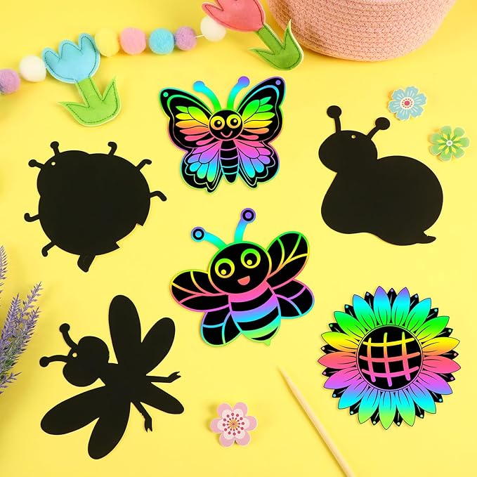 JULMELON 36 Pcs Spring Bugs Scratch Cards, Flower Rainbow Magic Color Art Crafts Kit with 12 Bamboo Stylus and 36 Ribbon for Kids School Classroom DIY Spring Crafts Art Project