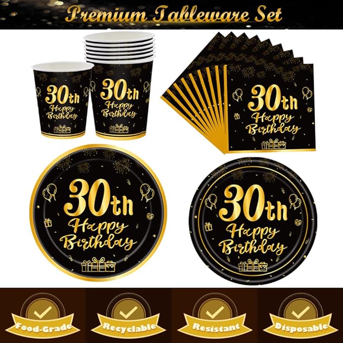 120Pcs 30th Birthday Party Supplies Plates Napkins Cups Forks Tableware Set Gold Black Happy 30th Birthday Themed Disposable Tableware Decoration Serves 24 Guests for Men Women 30 Years Old