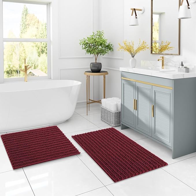 Arotive Luxury Chenille Bathroom Rug Mat, Extra Soft Thick Absorbent Shaggy Bath Rugs, Non-Slip Machine Wash Dry, Plush Bath Mats for Bathroom, Shower and Tub, 30x20, Burgundy