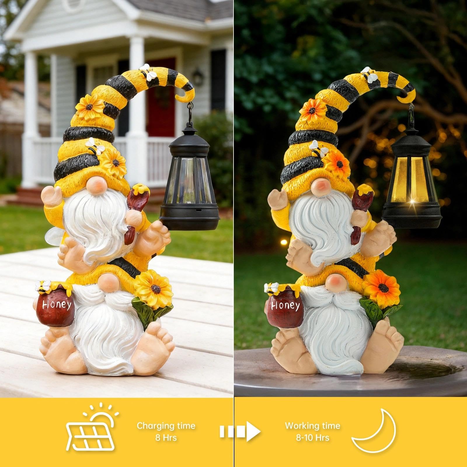 QZZP Solar Bee Garden Gnomes with LED Lantern, 12.2-Inch Outdoor Statue