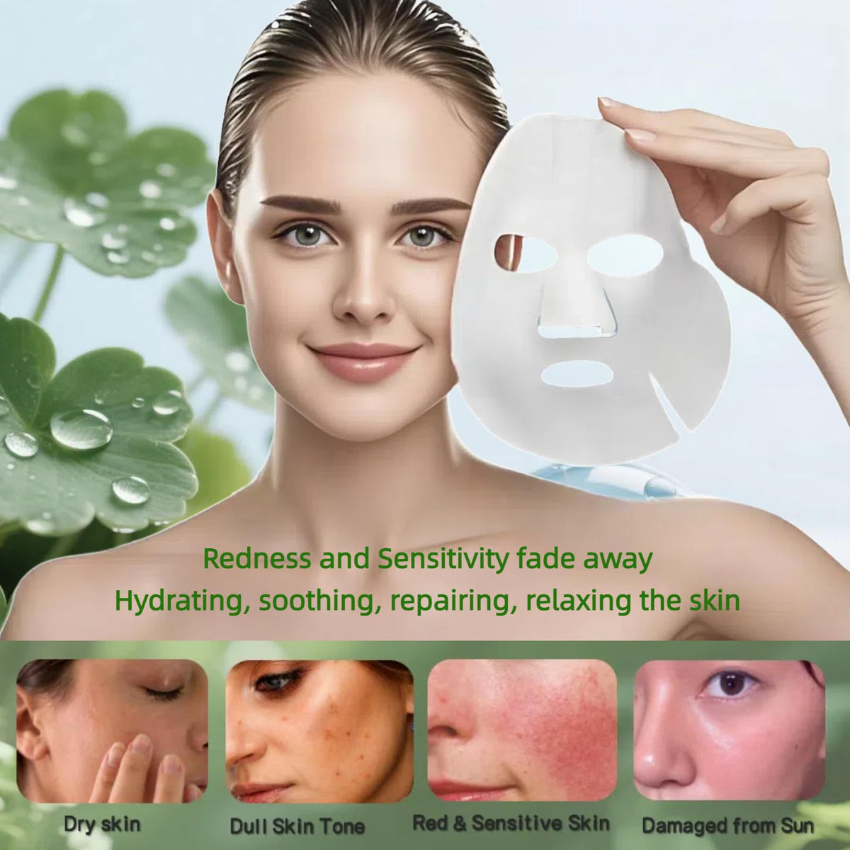 DTE NATURAL BEAUTY Centella Face Mask Sheet – Hydrating & Soothing Skincare for Sensitive & Dry Skin, Moisturizing Facial Masks for Women, Home Spa & Self-Care Gift Set