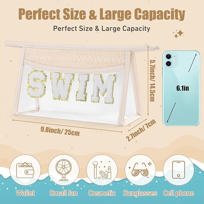 Etercycle Clear Makeup Bag SWIM Pouch, Small Boho Straw Travel Beach Bag with Zipper, Waterproof Chenille Letter Cosmetic Bag Trendy Organizer Storage Bag for Beach Travel Essentials