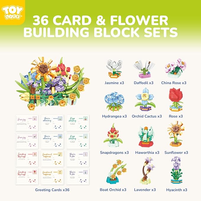 TOY Life 36 Pack Party Favors for Kids, Tiny Plants Mini Flowers Building Blocks Set for Classroom Prize, Flowers Botanical Succulents Building Toy with Cards, Easter Basket Stuffers for Boys Girls 6+