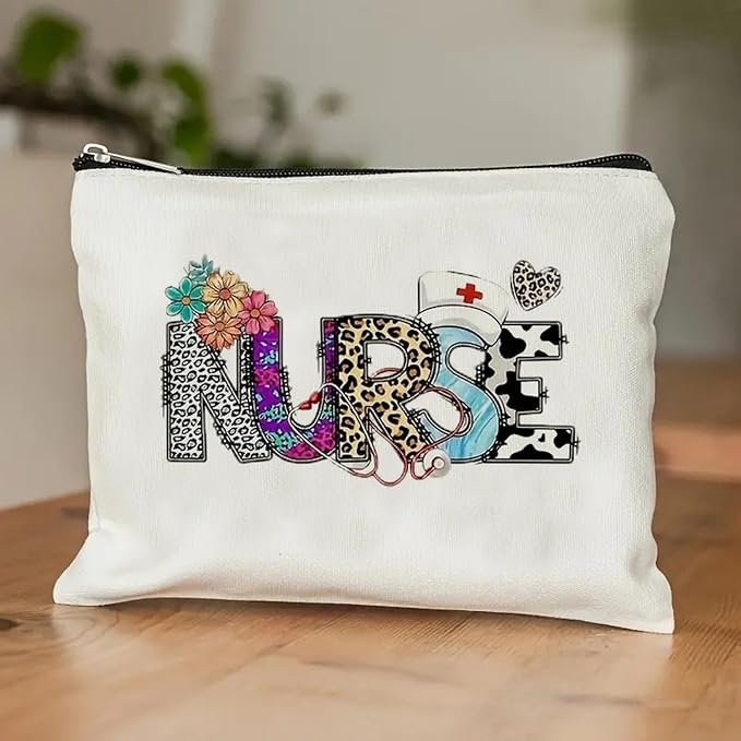 GRITOSE Nurse Makeup Bags Leopard Print Flowers deisgns Nurse Cosmetic Bag Work Toiletry Bag Accessories for Nurse Gifts Nursing Student Small Nurse Bag with Zipper