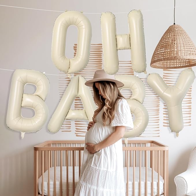 Cream OH BABY Balloons,40 Inch Letter Oh Baby Balloon Banner Beige for Baby Shower Gender Reveal Backdrop Party Decorations