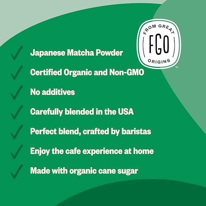 FGO Organic Matcha Latte Powder, 16 Ounce Bulk Resealable Bag, Japanese Matcha with Organic Cane Sugar, Lightly Sweetened, Packaging May Vary (Pack of 1)