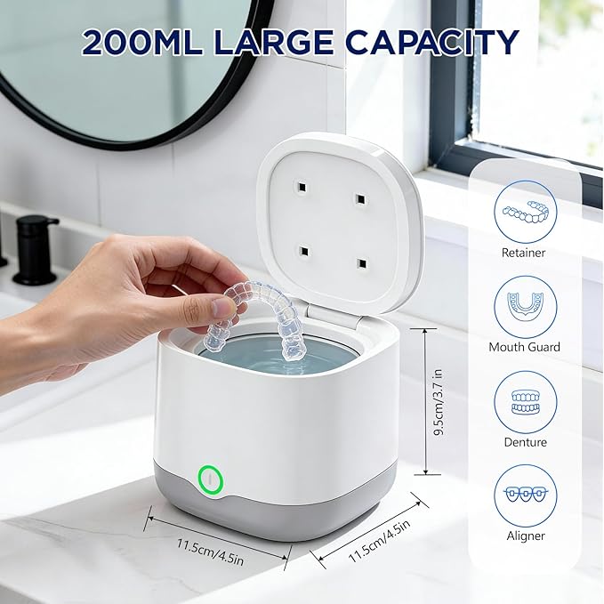 Ultrasonic Retainer Cleaner with 4 UVC Light, Jinyeda 45kHz Rechargeable Retainer Cleaner Machine 24W, 4000mAh Battery, 200ML Dental Cleaning Pod 3 Mode for Mouth Guard Aligners Denture