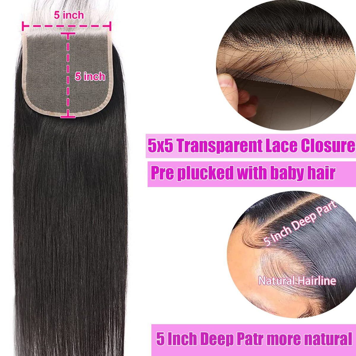 Liangya Hair Hd Closure 5x5 Straight Closure 5x5 Transparent Lace 12A Virgin Remy Human Hair Frontal Pre Plucked With Baby Hair Natural Hairline (14inch)