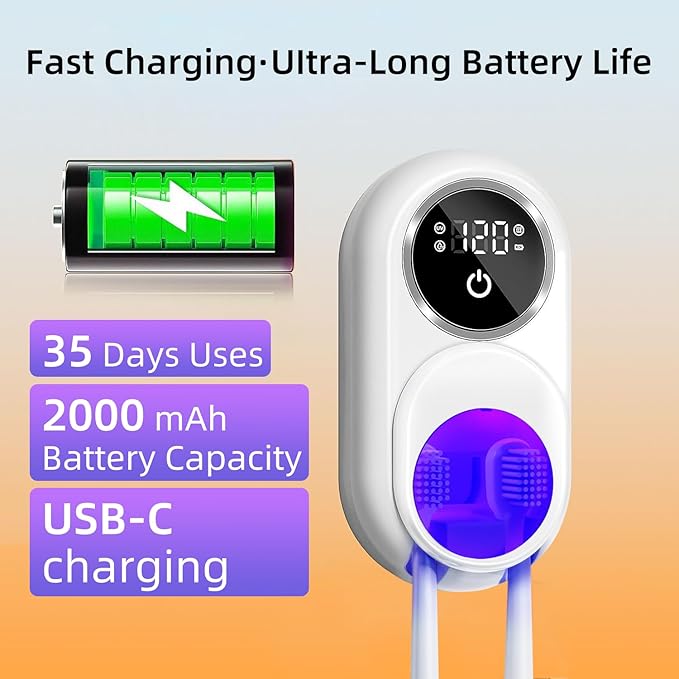 UV Toothbrush Sanitizer Holder 2 Slots (White): Wall Mount for Bathroom, Rechargeable, LED Smart Screen, Heated Fan Drying for Home/Travel