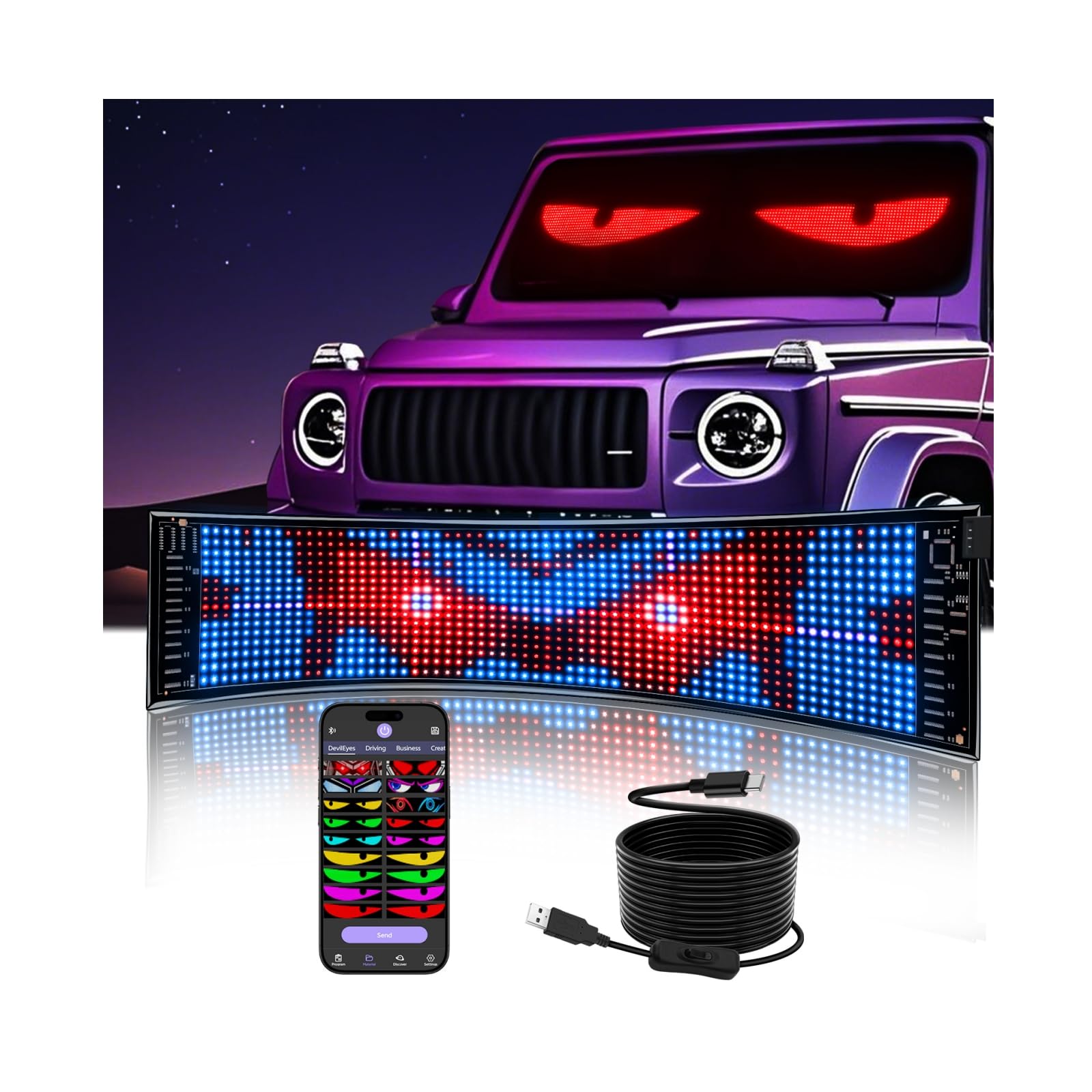 Multifunctional Bright 1PCS Programmable LED Car Sign for Windshield - 15x4in [App Control] Flexible LED Matrix Window Display -