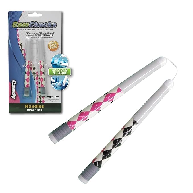 GumChucks Orthodontic Flossers Dental Floss - Floss for Braces - Brace Floss Picks - Gum Flossing Picks - Ortho Dental Flossers (Pink Argyle - Candy)
