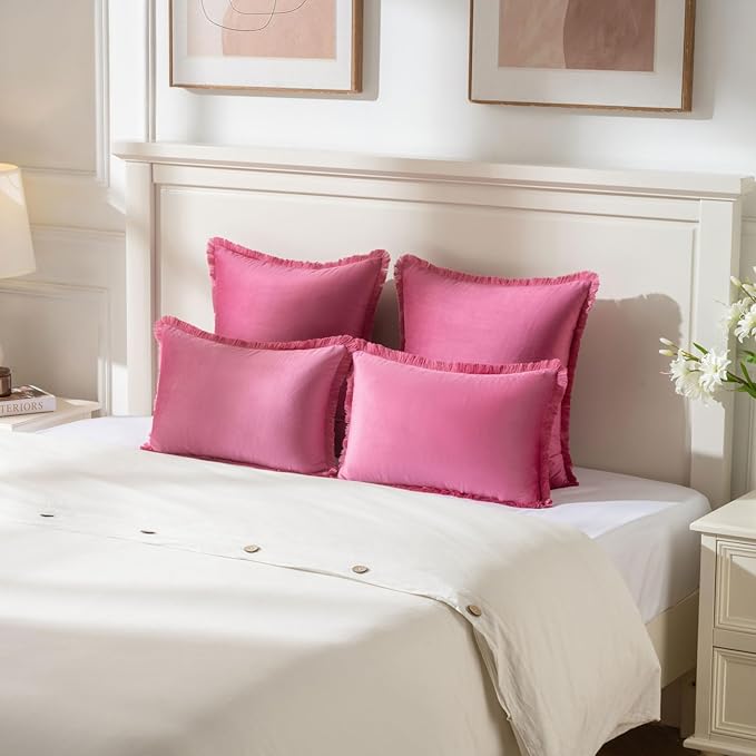 FUTEI Hot Pink Velvet Decorative Throw Pillow Covers 20x20 Set of 2,Soft Cozy Edge with Tassels Cushion Case,Boho Modern Home Decor for Couch Bed Living Room